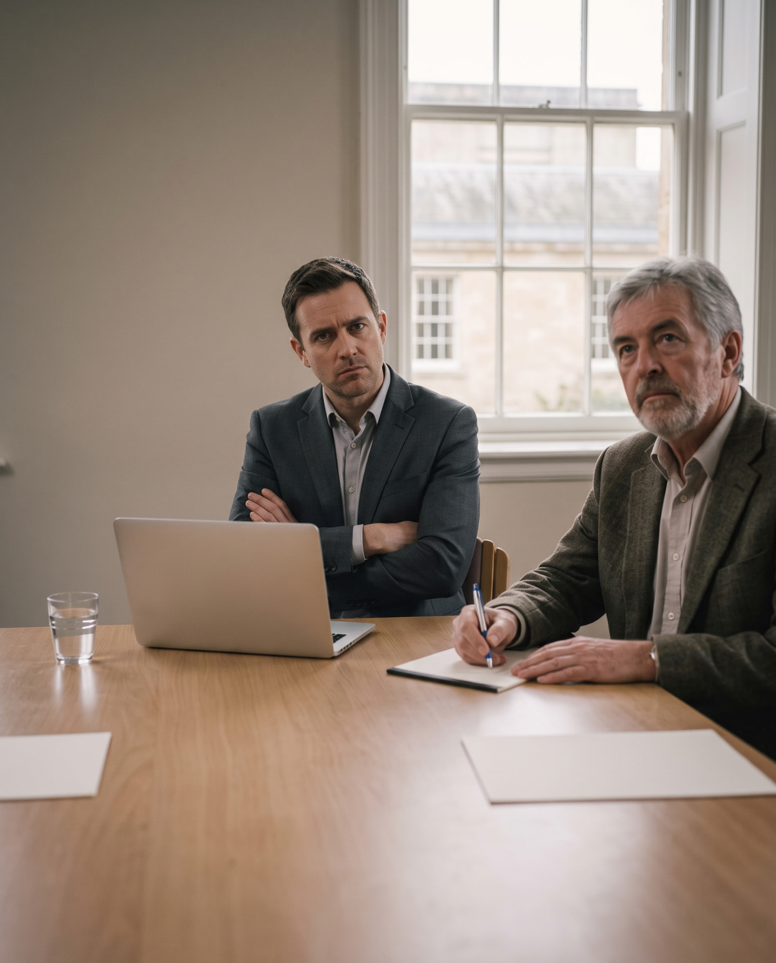 View toward an investor with arms crossed behind an open laptop